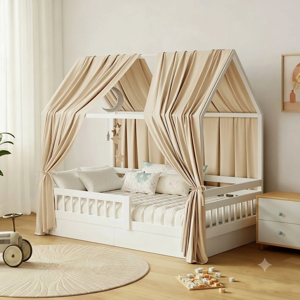 ciel de lit cabane beige attaché