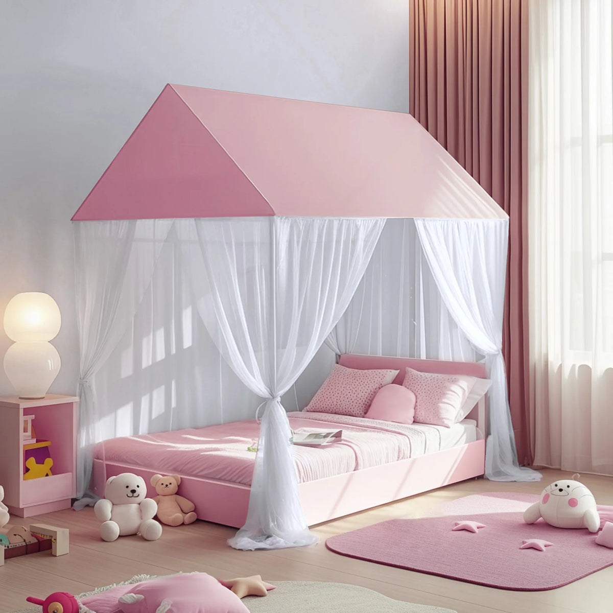 ciel de lit cabane princesse rose et blanc