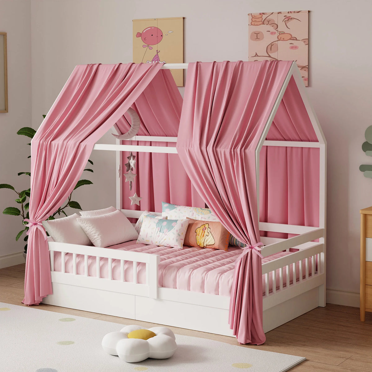 ciel de lit cabane rose attaché