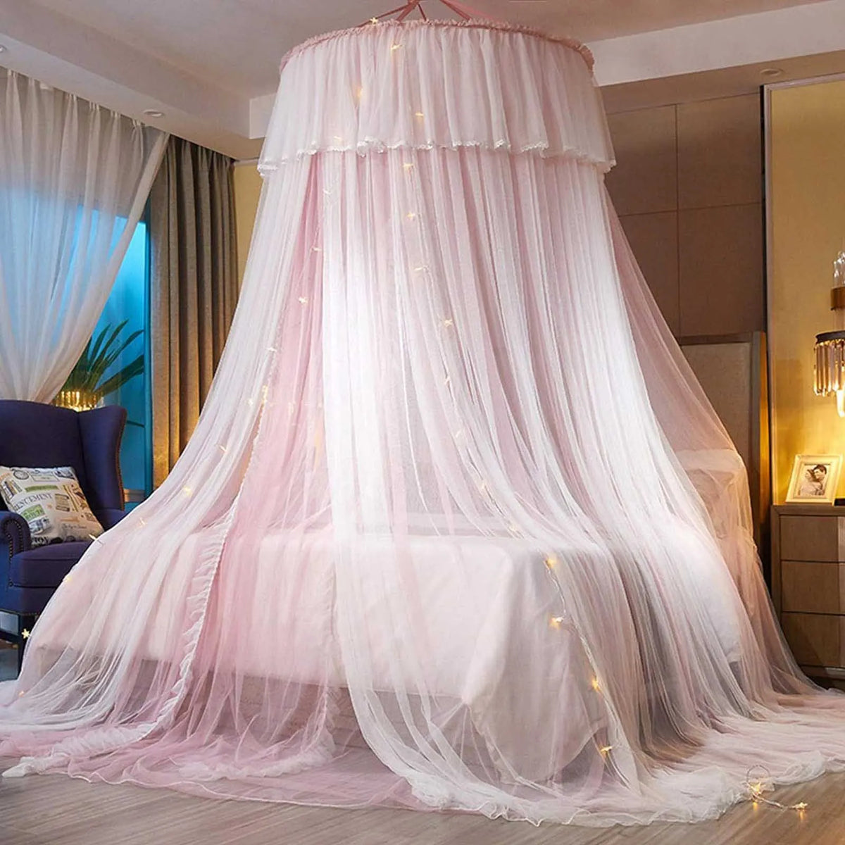 ciel de lit princesse à dôme rond rose