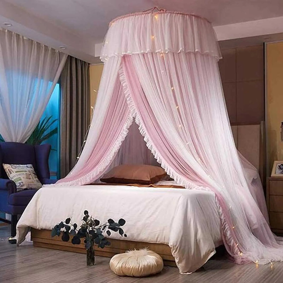 ciel de lit princesse à dôme rond rose chambre